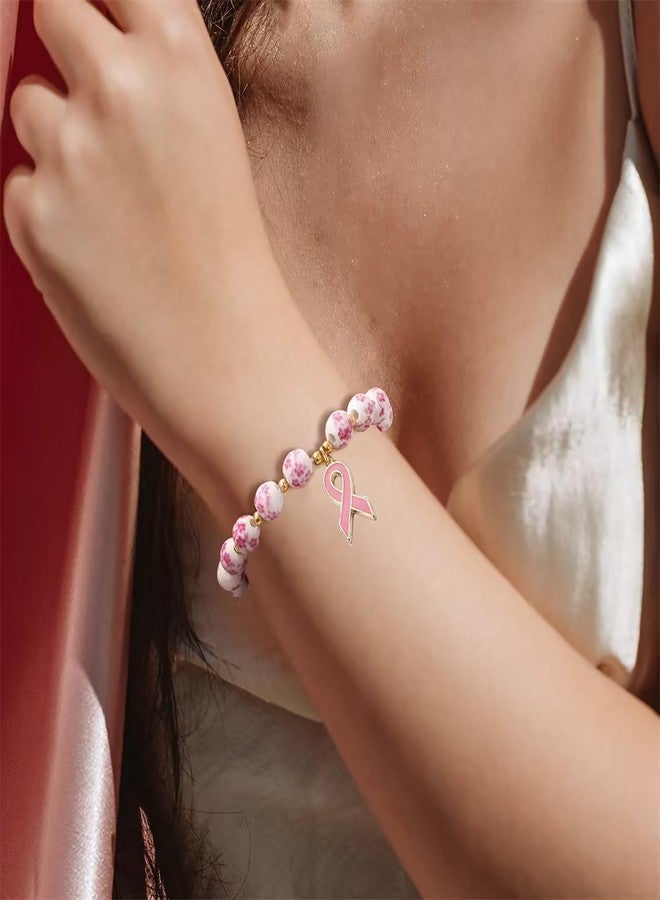 GLMOCM Breast Cancer Bracelets Pink Ribbon Charm Bracelets Flower Beaded Stretch Bracelets Cancer Awareness Accessories Care Gift (Pink) - Image 2
